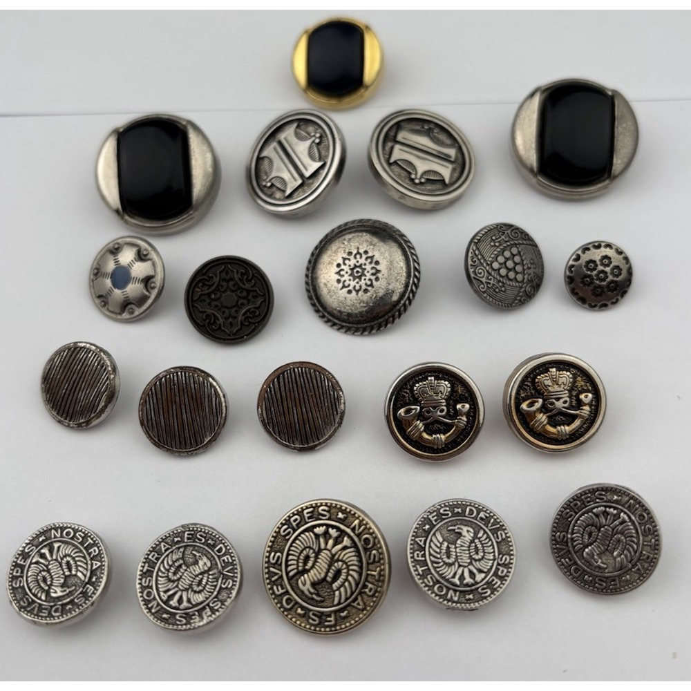 Vintage Silver & Black Button Lot – Crest, Textured,‎ Enamel, and Etched Mix, 20